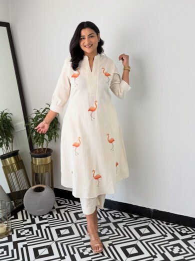 Orange flamingo embroidered cotton kurta set