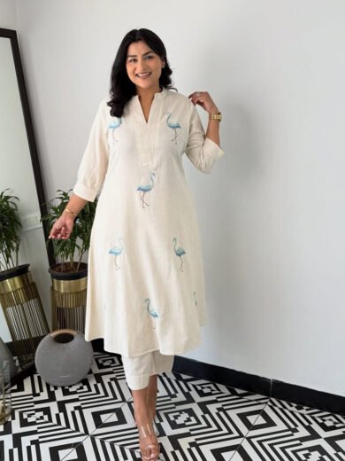 Blue flamingo embroidered cotton kurta set