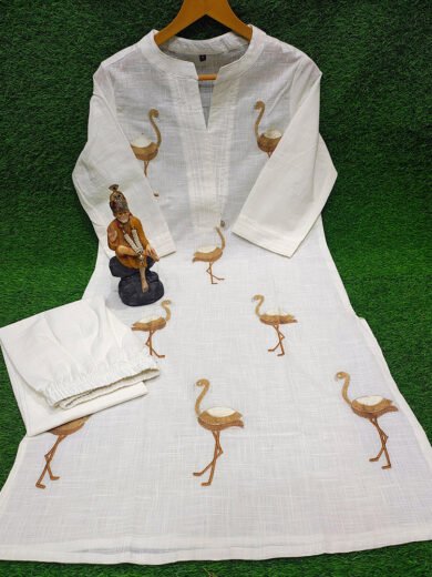 Golden flamingo embroidered cotton kurta set