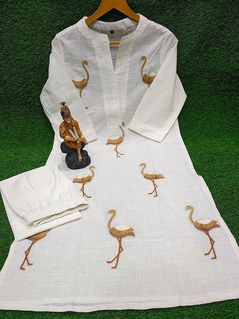 Golden flamingo embroidered cotton kurta set