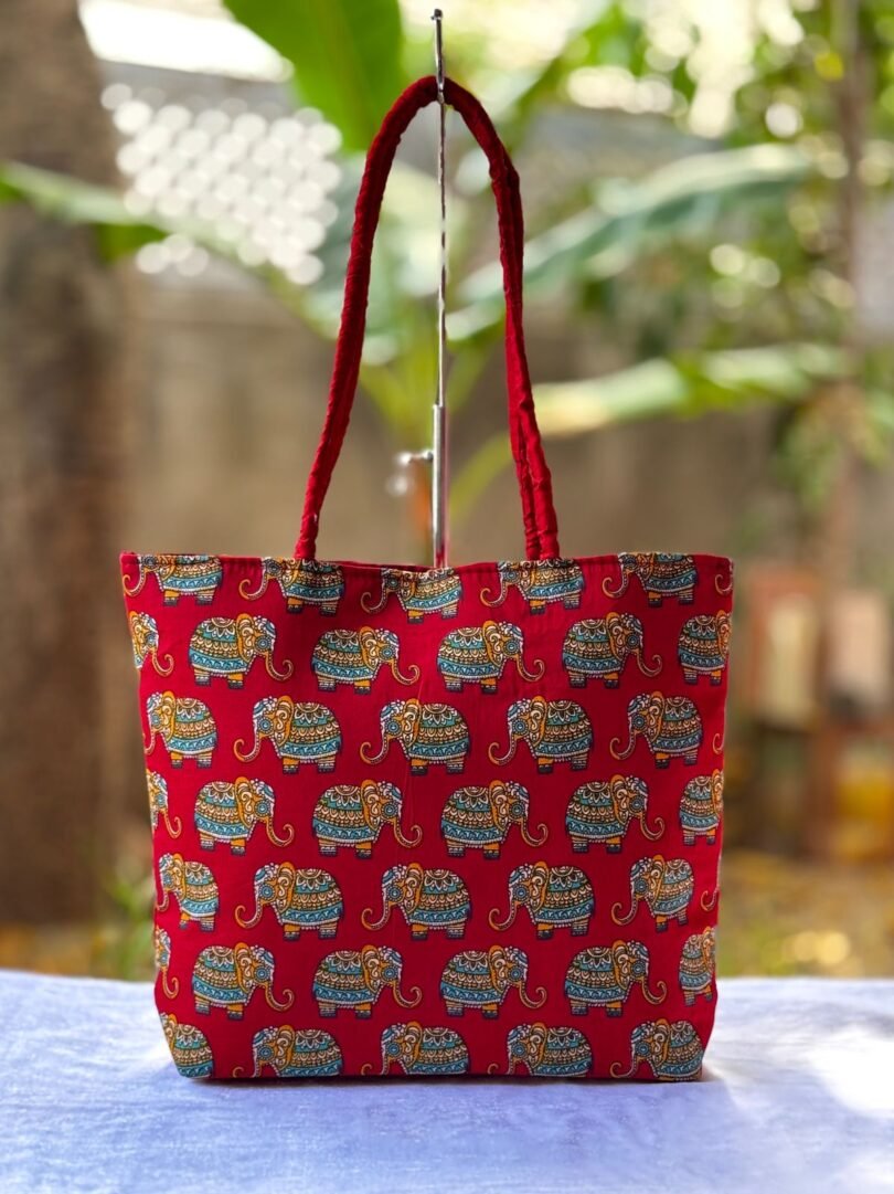 Candy Tote Bag – Hand Block Printed Fabric with Elephant Motif (12″ x 15″ | Bottom 3″) - Image 4