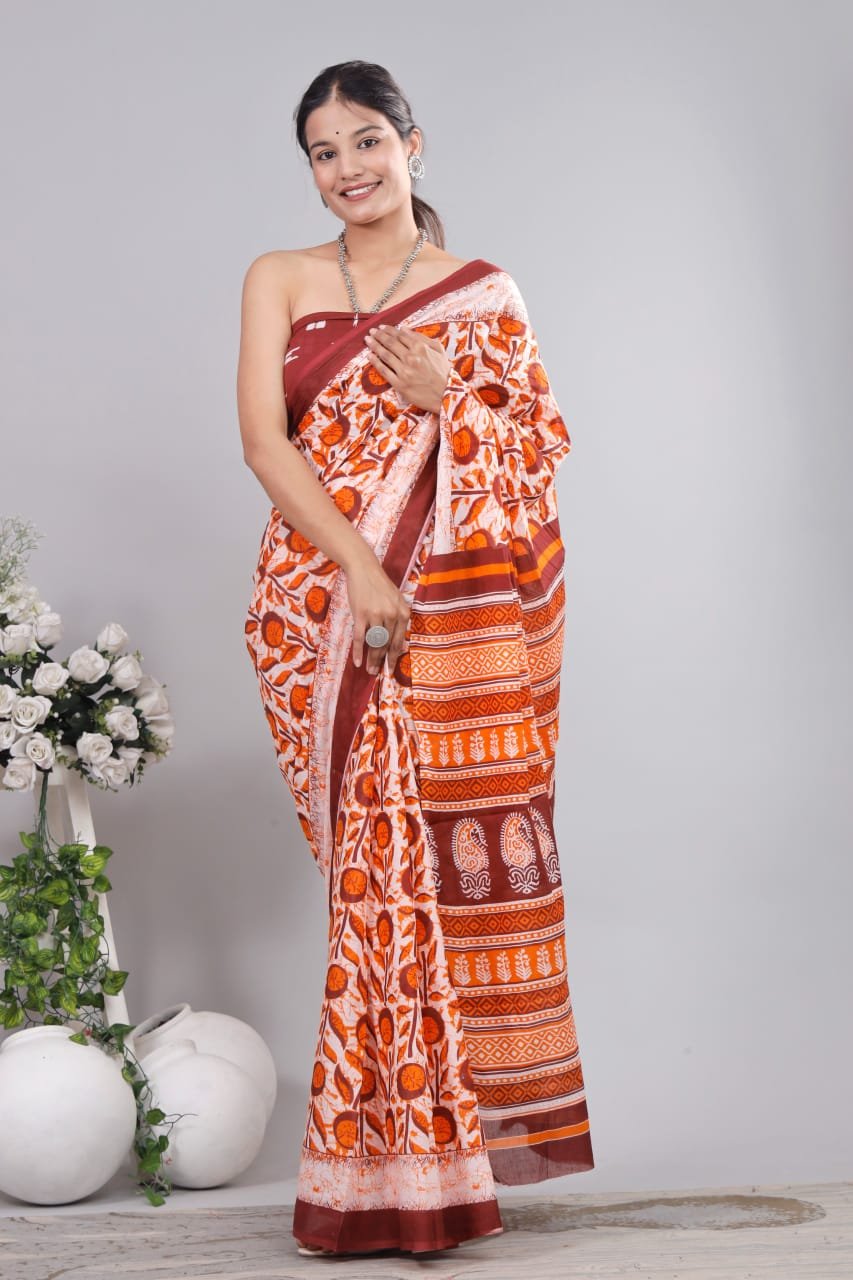 Block Print Cotton Mulmul Sarees