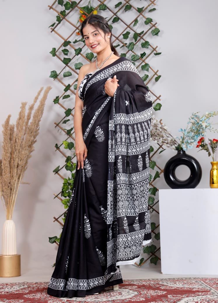 Block Print Cotton Mulmul Sarees - Image 3